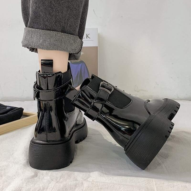 

Buckle Lace-up Combat Boots, Black
