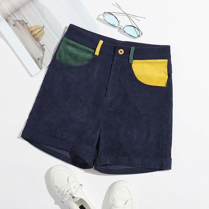 

Cuffed Colorblock Corduroy Shorts, Navy blue