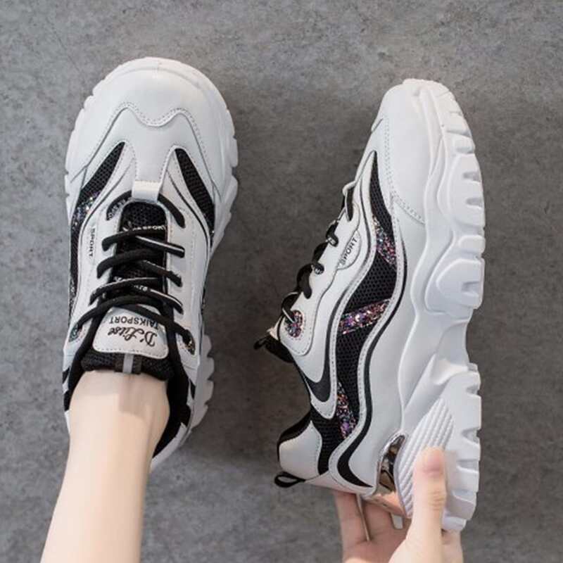 

Sequin Lace-up Chunky Sneakers, Black and white