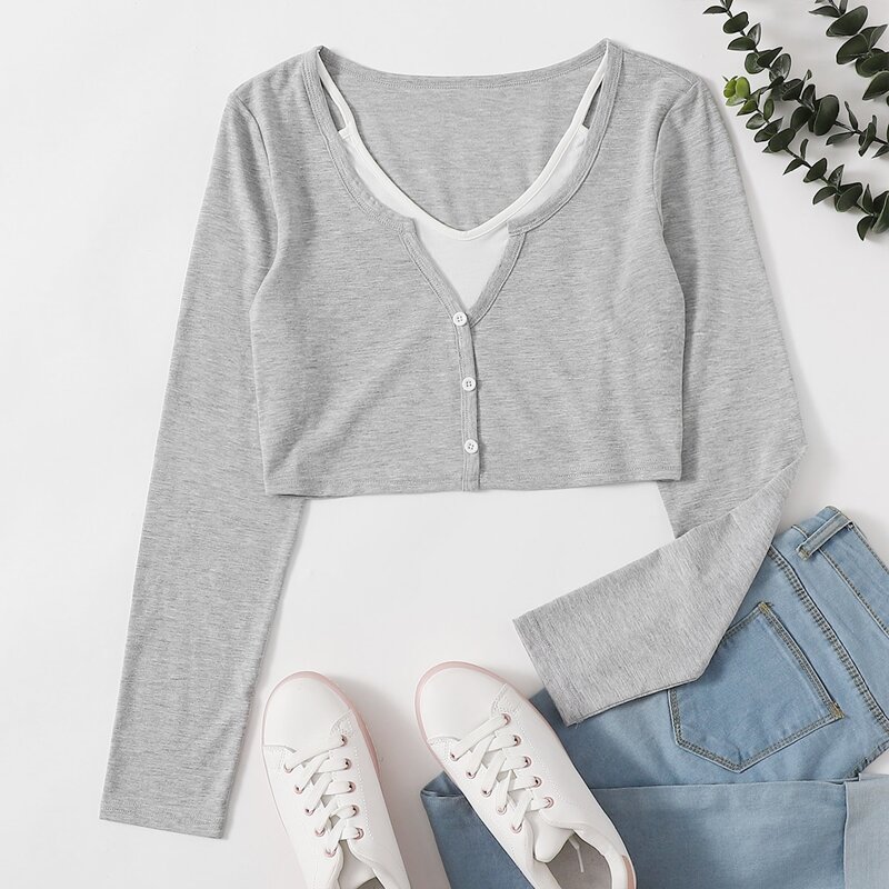 

Button Up 2 In 1 Tee, Light grey