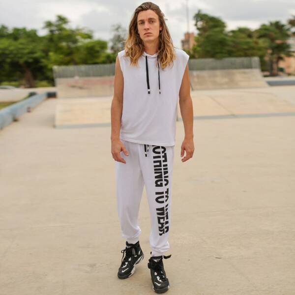 

Men Drawstring Hooded Top and Slogan Graphic Joggers Set, White