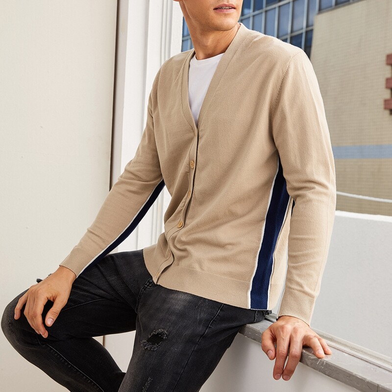 

Guys Contrast Panel Button Front Cardigan, Apricot