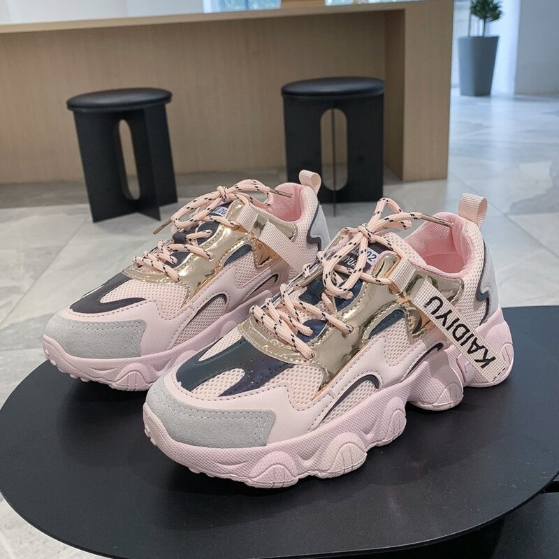 

Metallic Lace-up Chunky Sneakers, Pastel baby pink