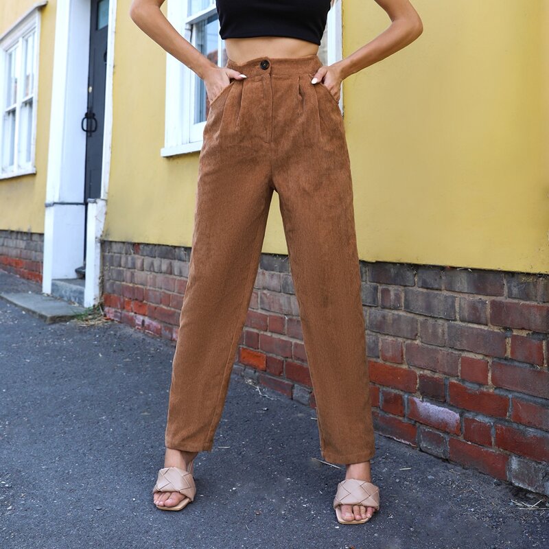 

Fold Pleated Front Slant Pocket Cord Pants, Coffee brown