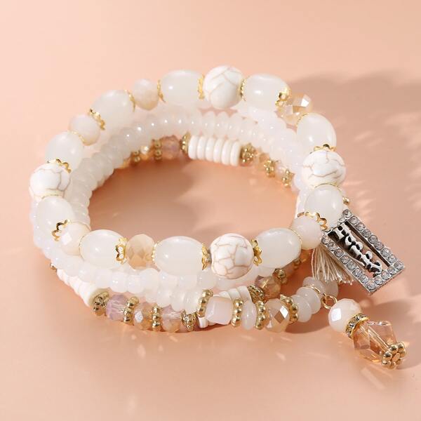 

4pcs Tassel Charm Rhinestone Decor Bracelet, White