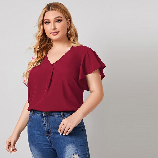 

Plus V Neck Flutter Sleeve Blouse, Burgundy