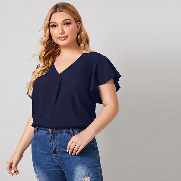 

Plus V Neck Flutter Sleeve Blouse, Navy blue