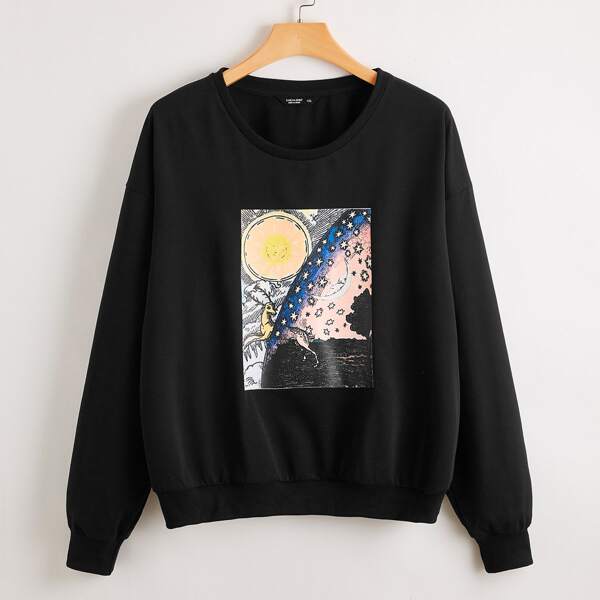 

Plus Deer And Galaxy Print Sweatshirt, Black