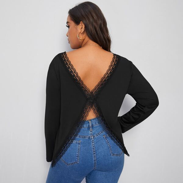 

Plus Eyelash Lace Panel Backless Tee, Black