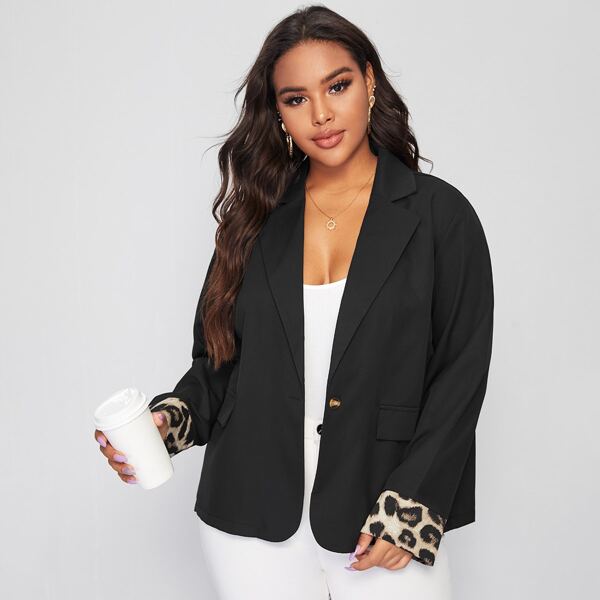 

Plus Contrast Leopard Cuff Flap Detail Blazer, Black