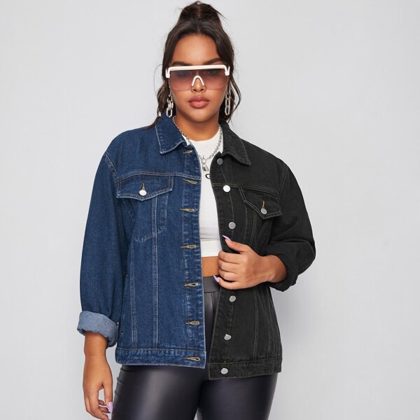 

Plus Button Front Color Block Denim Jacket, Multicolor