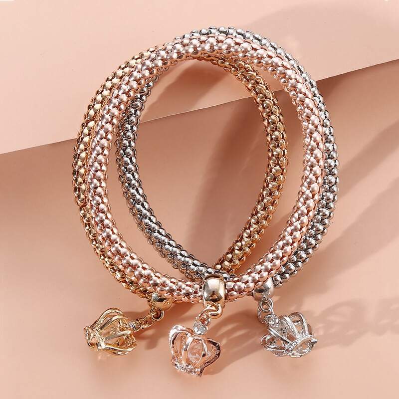 

3pcs Crown Charm Bracelet, Multicolor