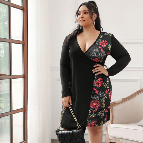 

Plus Floral Print Knot Side Wrap Dress, Black