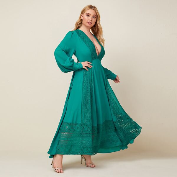 

Plus Plunging Neck Guipure Lace Panel Lantern Sleeve Dress, Green