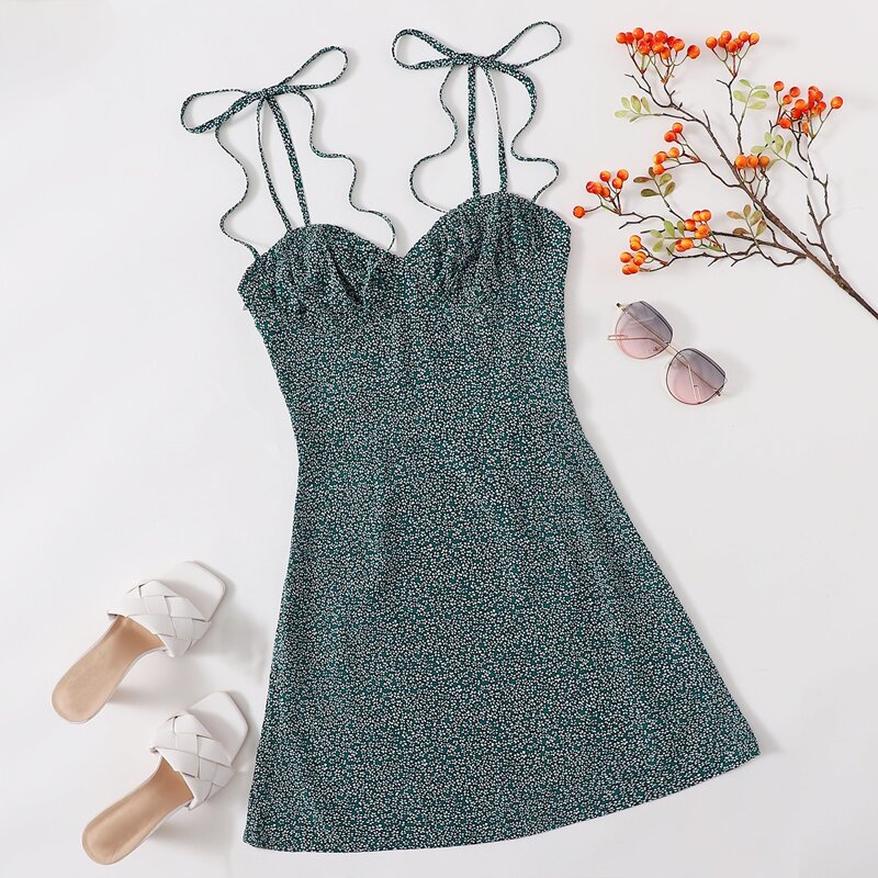 

Tie Shoulder Ruched Bust Ditsy Floral Dress, Dark green