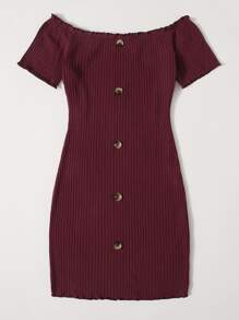 SHEIN Unity Vestido tejido de canalé con botón delantero de hombros descubiertos - Granate - Ver 3