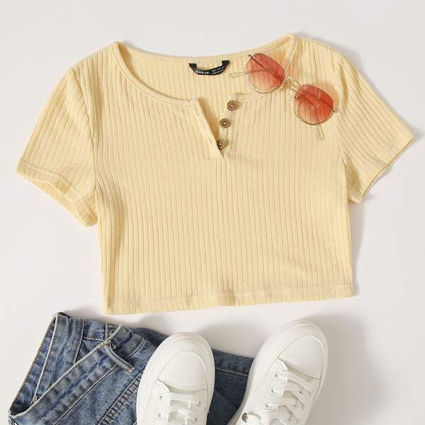 

Button Half Placket Rib-knit Tee, Yellow