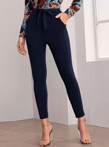 SHEIN Privé Tie Front Slant Pocket Skinny Pants - Navy Blue - View 1
