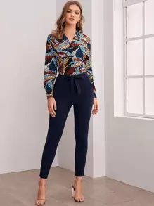 SHEIN Privé Tie Front Slant Pocket Skinny Pants - Navy Blue - View 3