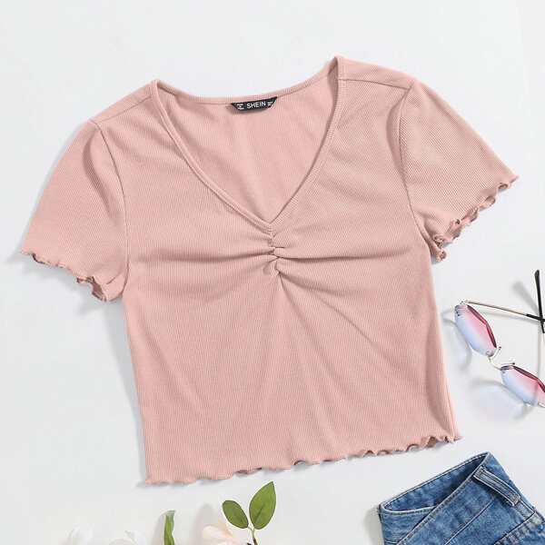 

V-neck Ruched Detail Lettuce Edge Tee, Pastel dusty pink