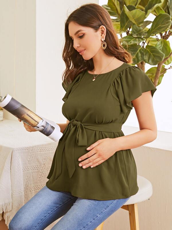 SHEIN Maternity Flutter Sleeve Self Belted Top