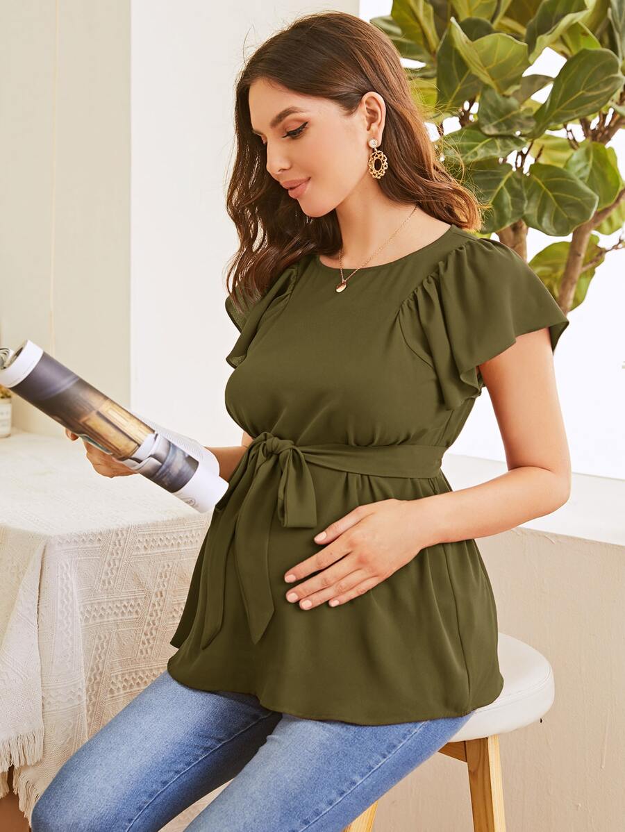 SHEIN Maternity Flutter Sleeve Self Belted Top - Army Green - View 1