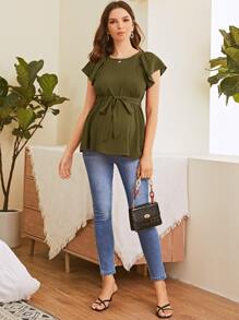SHEIN Maternity Flutter Sleeve Self Belted Top - Army Green - View 3