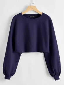 SHEIN EZwear Solid Drop Shoulder Crop Top - Navy Blue - View 1