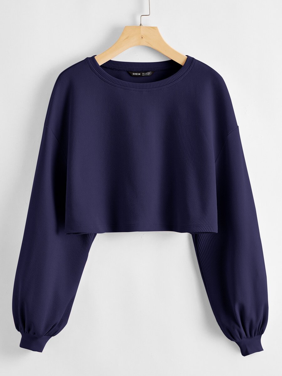 SHEIN EZwear Solid Drop Shoulder Crop Top - Navy Blue - View 1