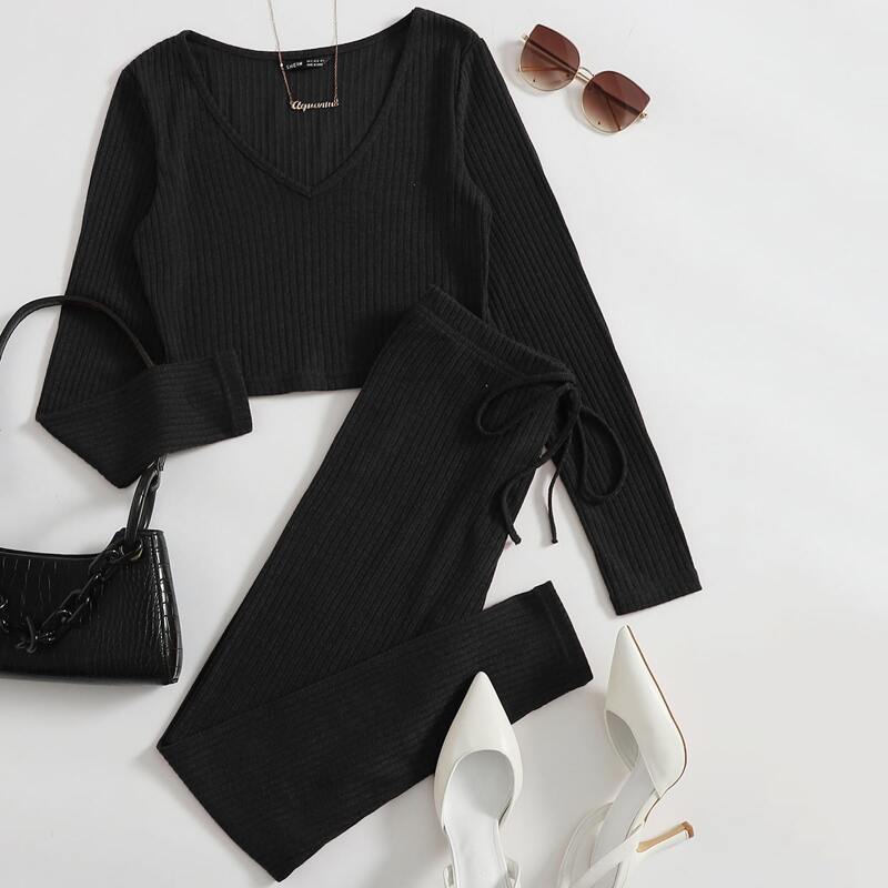 Ribbed V-Neck Tee & Drawstring Leggings Set, Black