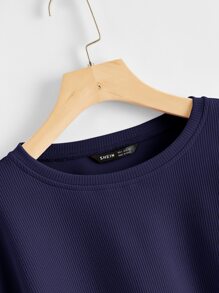 SHEIN EZwear Solid Drop Shoulder Crop Top - Navy Blue - View 3