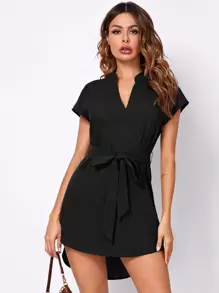 SHEIN 缺口領蝙蝠袖弧形下擺自腰帶洋裝 - 黑色 - 查看 1