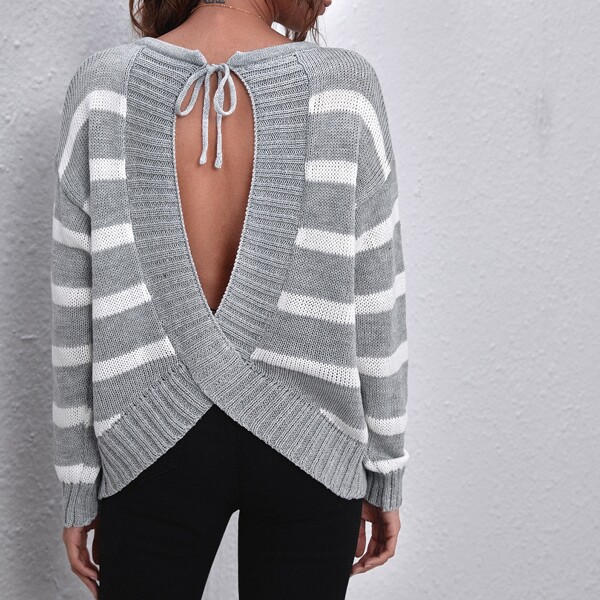 

Crisscross Cutout Tie Back Striped Sweater, Multicolor