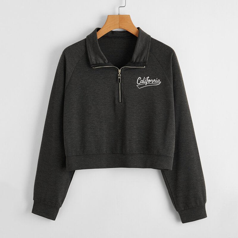 

Letter Graphic Half Zip Crop Sweatshirt, Dark grey