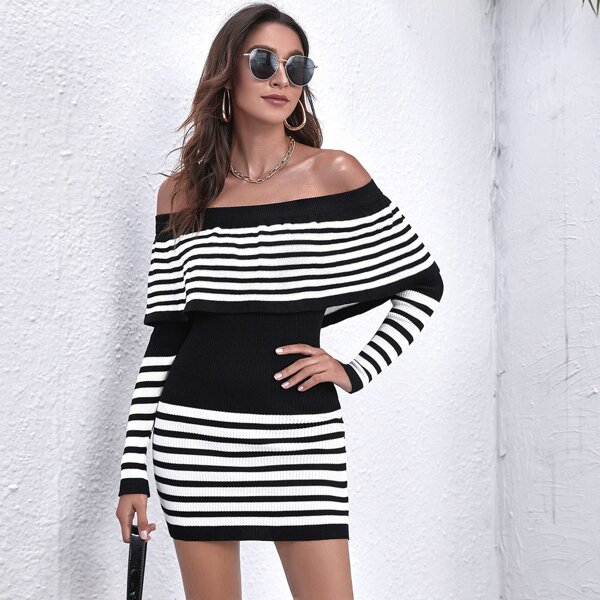 

Foldover Off Shoulder Striped Sweater Dress, Black and white