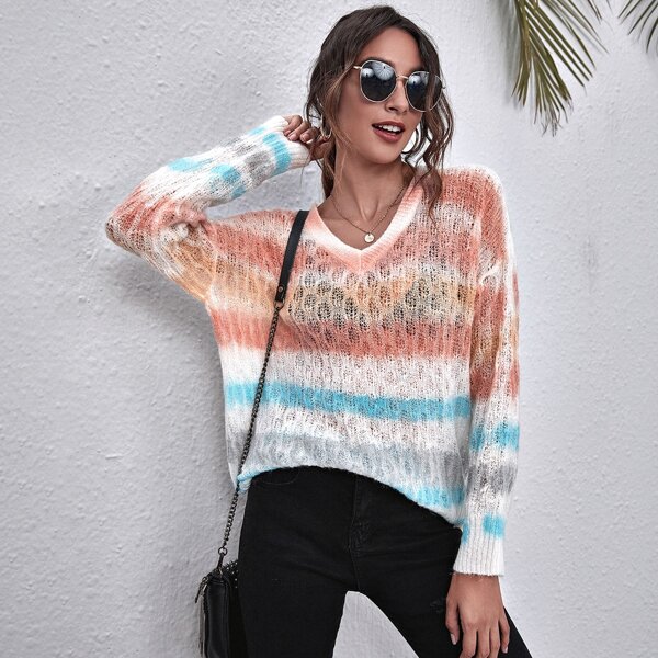 

Striped Pointelle Knit Oversized Sweater, Multicolor