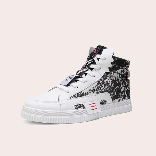 

Tiger Print High Top Skate Shoes, Black and white