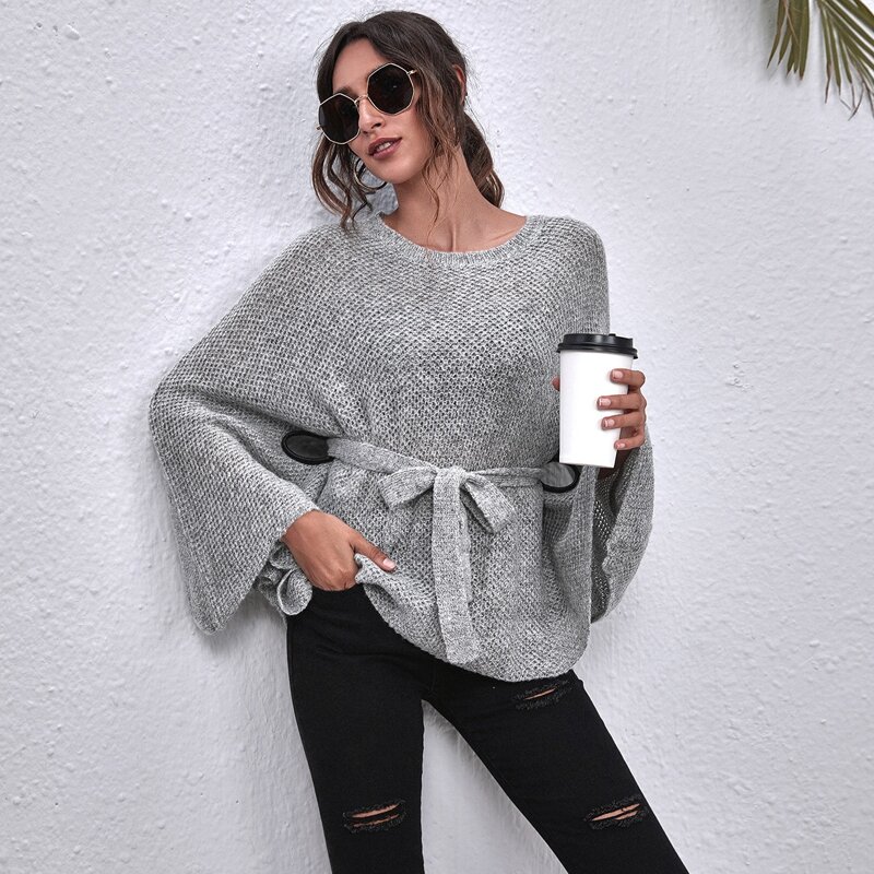 

Cut-out Belted Waffle Knit Poncho Sweater, Grey