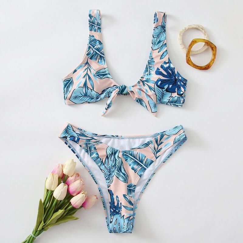 

Tropical Knot Front Bikini Swimsuit, Multicolor