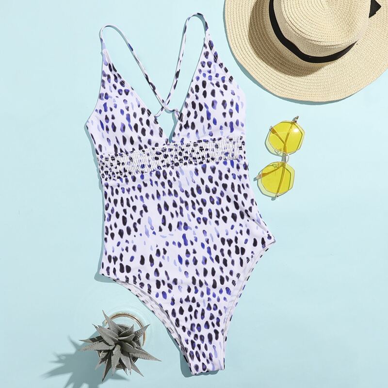 

Allover Print Smocked Detail One Piece Swimsuit, Multicolor