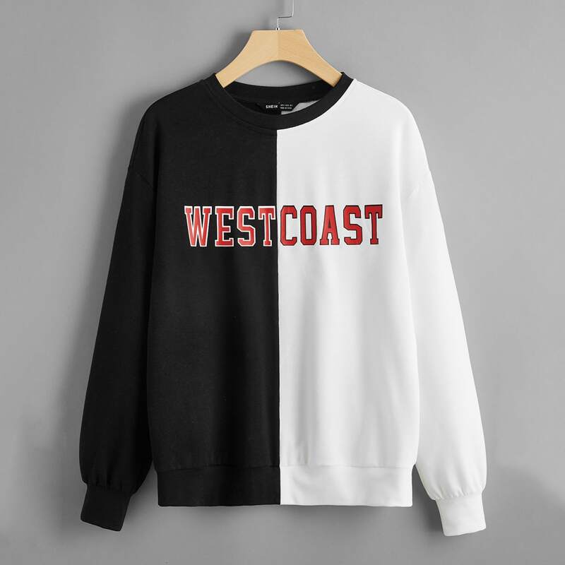 

Letter Graphic Drop Shoulder Colorblock Pullover, Black and white
