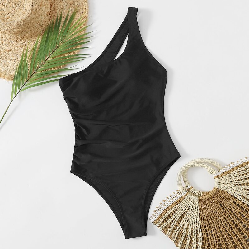 

Ruched One Shoulder One Piece Swimsuit, Black