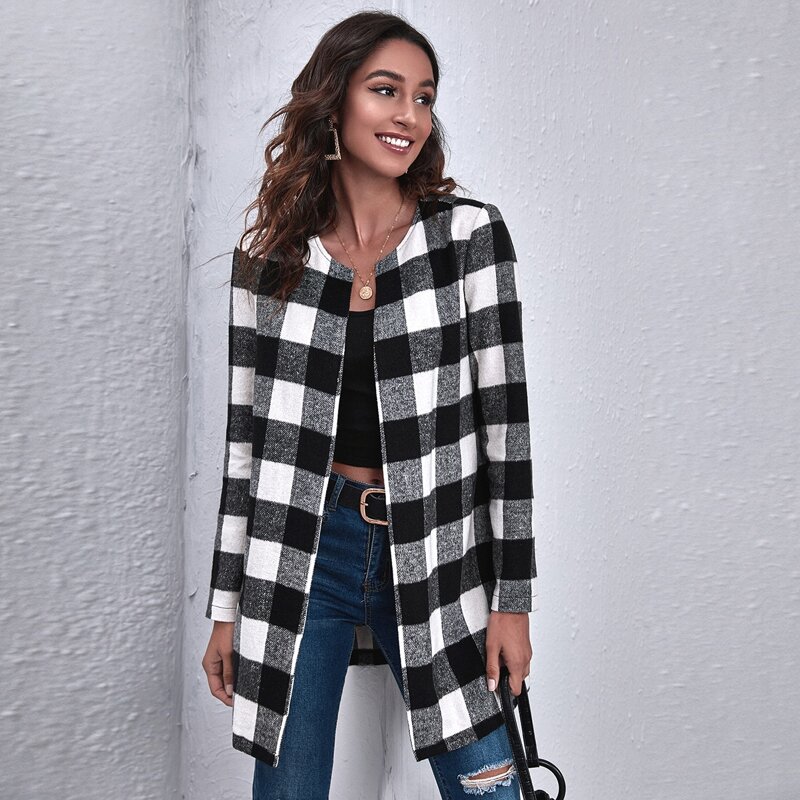 

Open Front Gingham Coat, Black and white