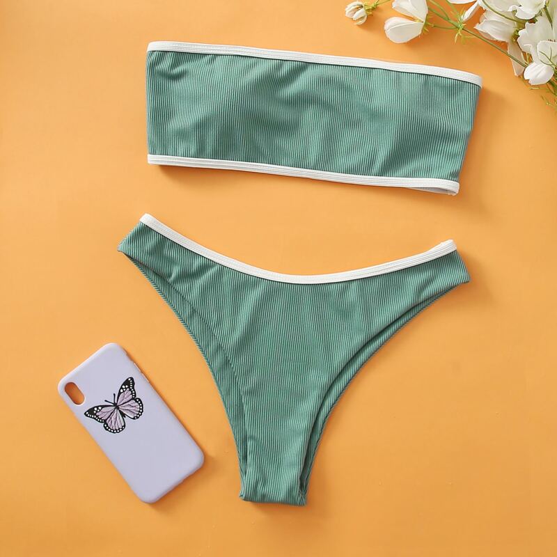 

Ribbed Contrast Binding Bikini Swimsuit, Green
