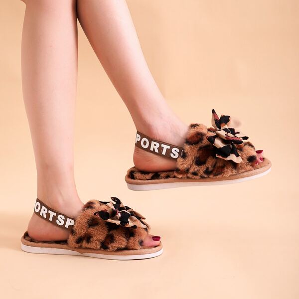 

Bow Decor Leopard Slingback Fluffy Sandals, Coffee brown