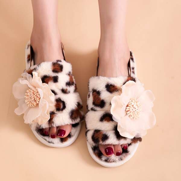 

Flower Appliques Leopard Slingback Fluffy Sandals, Beige
