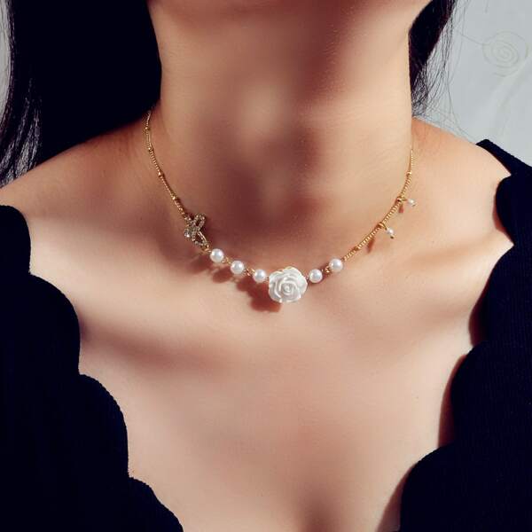 

Rhinestone & Pearl Decor Necklace, Gold