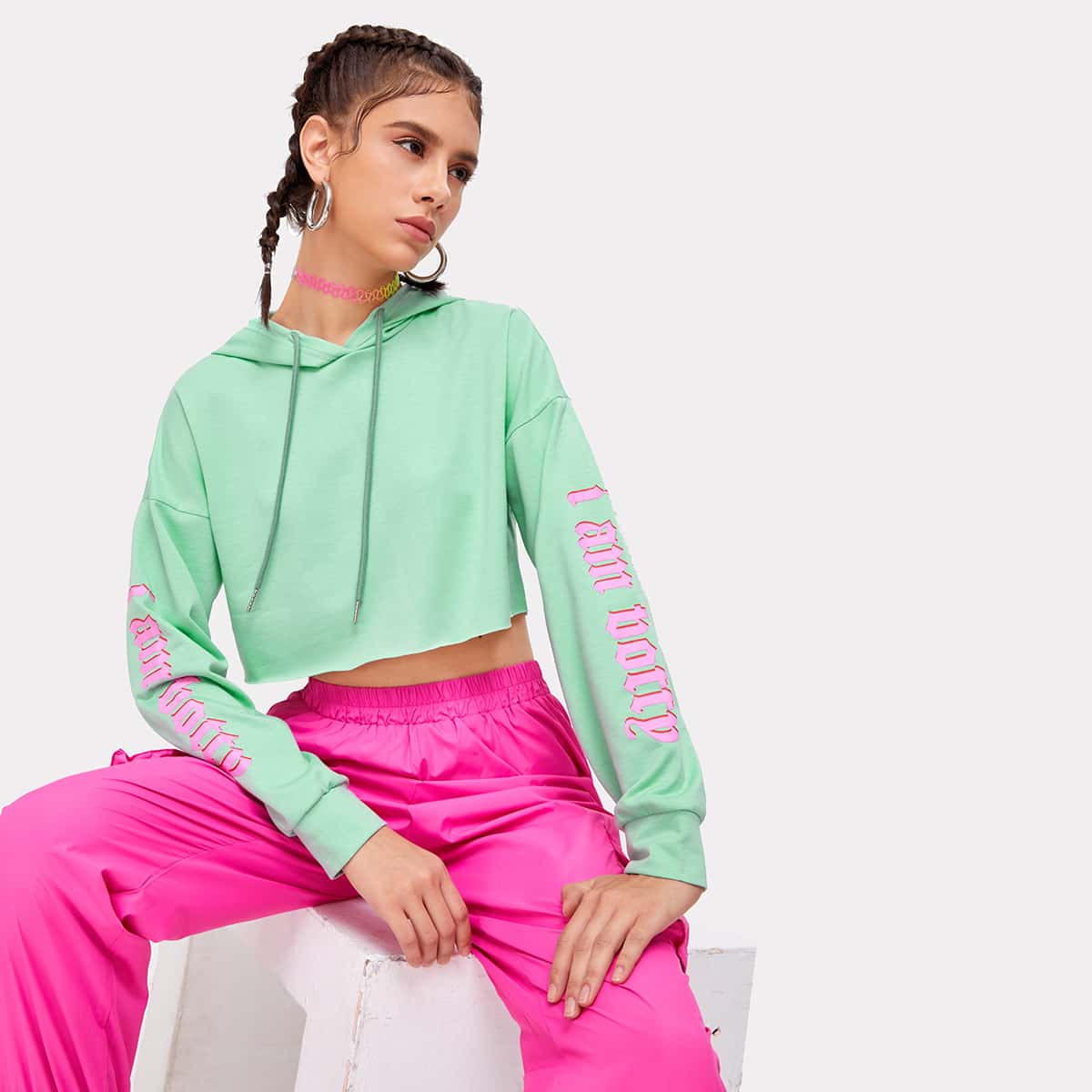 

Slogan Graphic Crop Hoodie, Mint green
