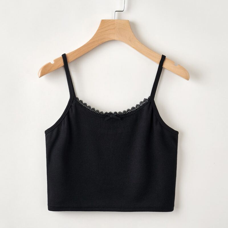 

Solid Lace Trim Crop Cami, Black