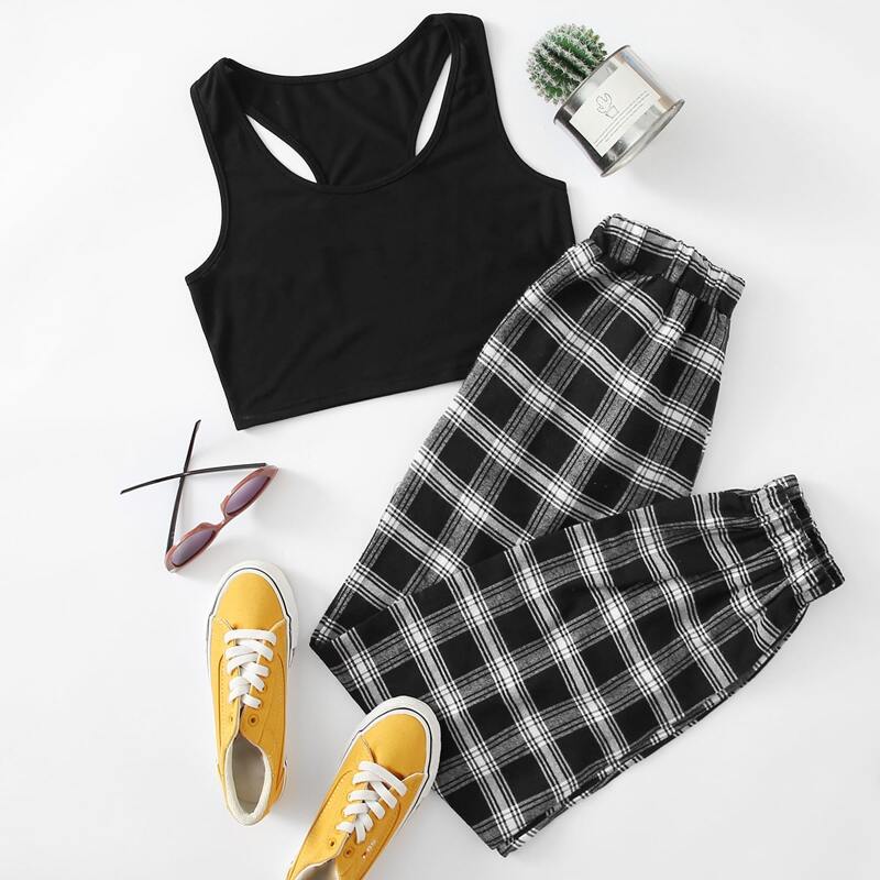 

Solid Crop Tank & Plaid Pants, Multicolor